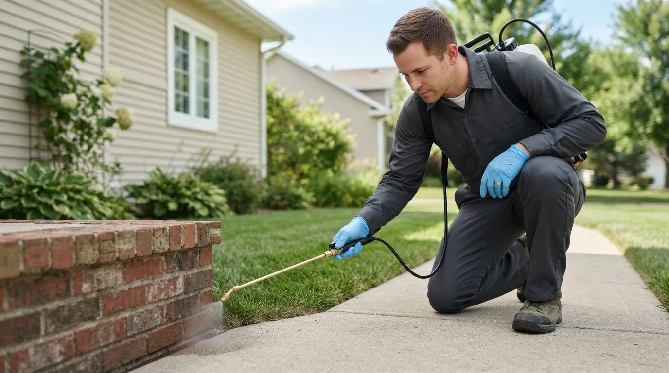 Pest control technician treating a home near Cambridge Springs, PA